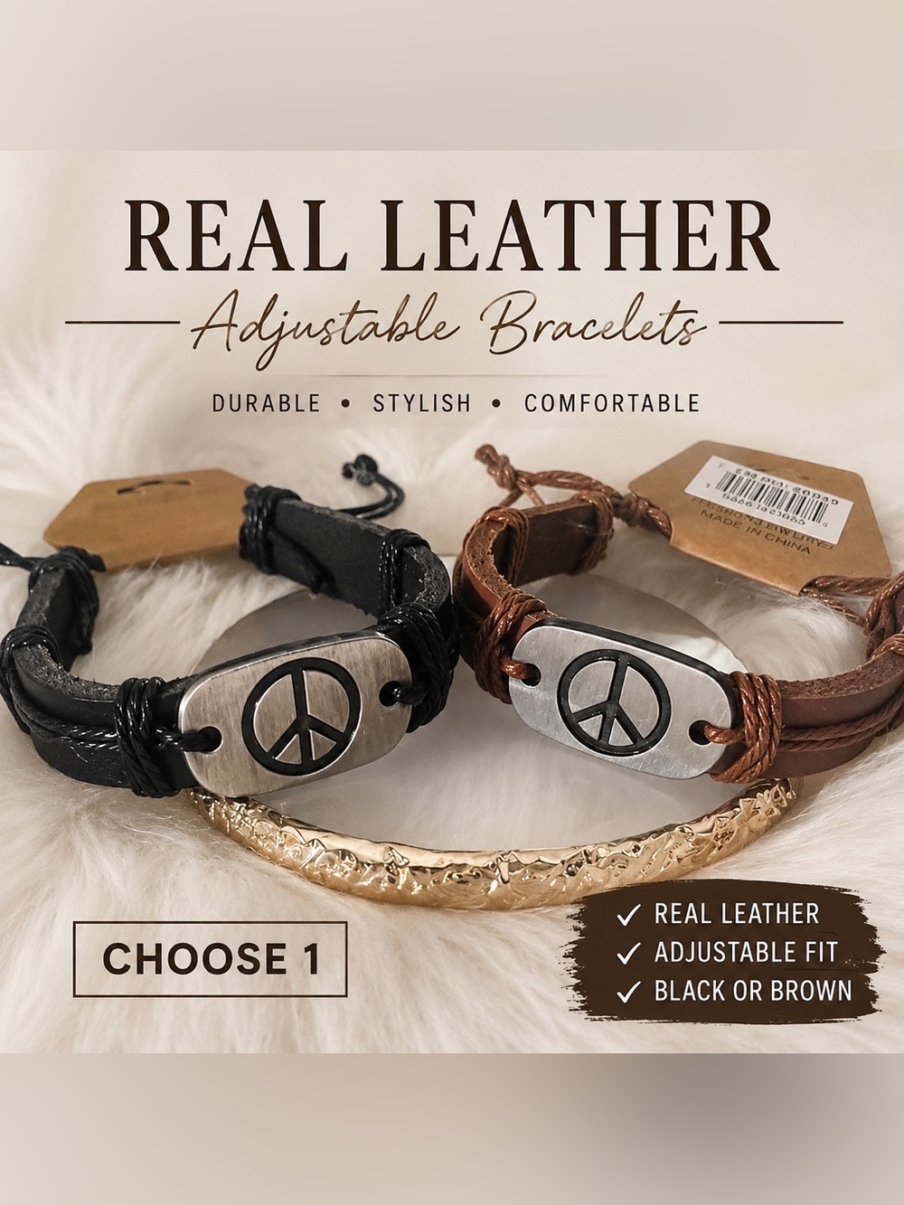 REAL LEATHER Adjustable Bracelet w/Engraved Peace Sign on Metal Tag- Choose 1